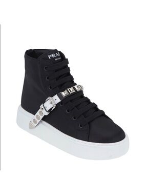 Prada Black High-Top Sneaker with Silver Studded Strap